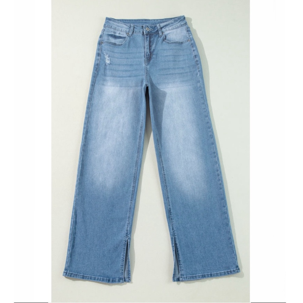 Light Blue High Rise Shift Slit Straight Leg Jeans - Picture 5 of 14